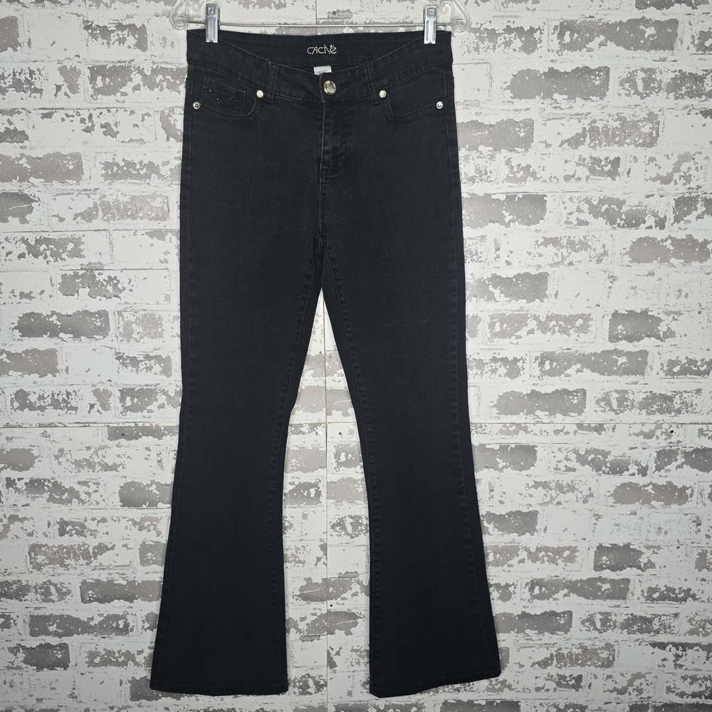 Cache‎ Jeans Womens 6 Black Flared Mid Rise Embroidered Pockets Crystal Button